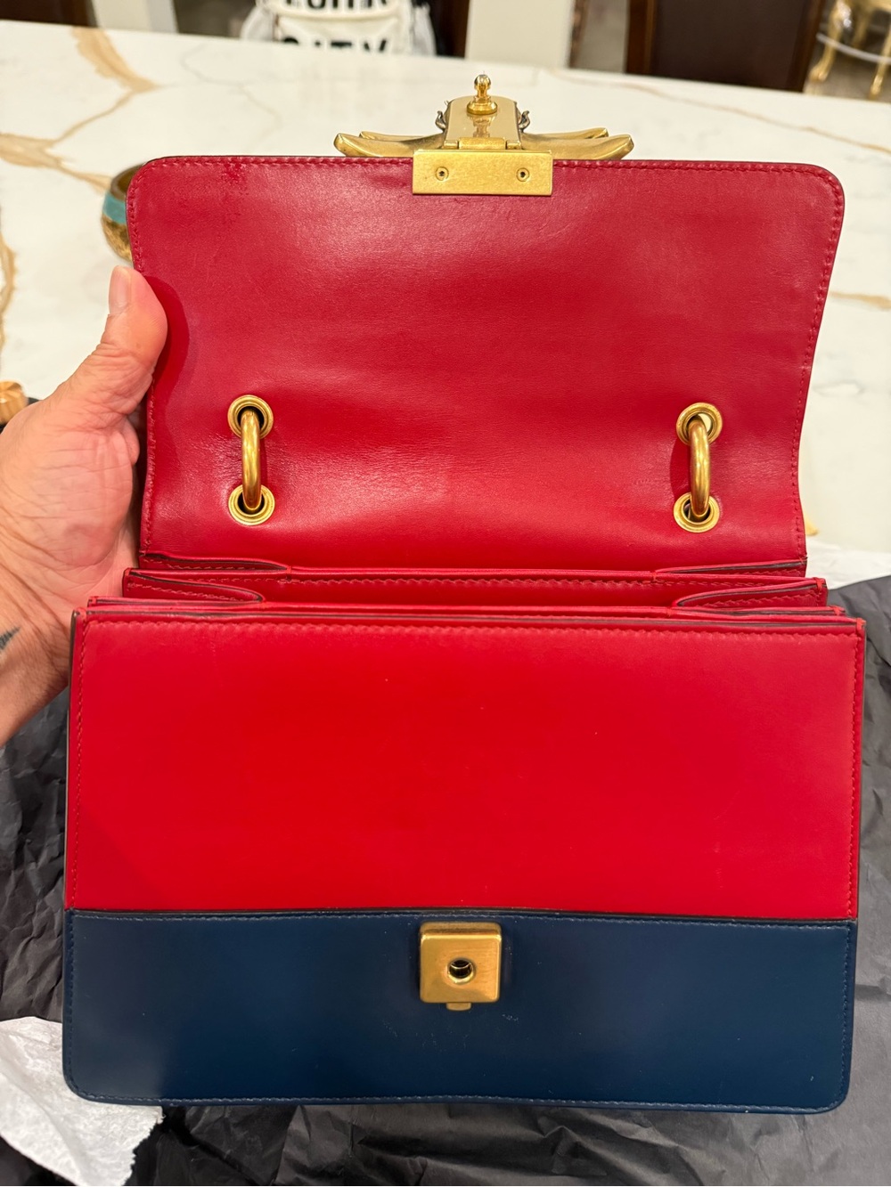 Gucci Tricolor Leather Top Handle Bag with Bee Accent - Pink, White, Red, Navy - Picture 13 of 14